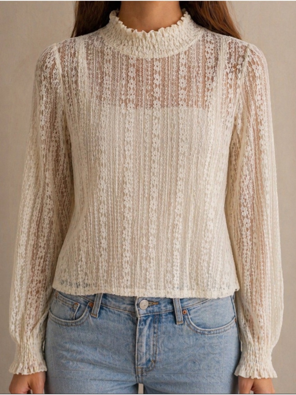 ❤️Dynamite Cream Lace High-Neck Long Sleeve Top